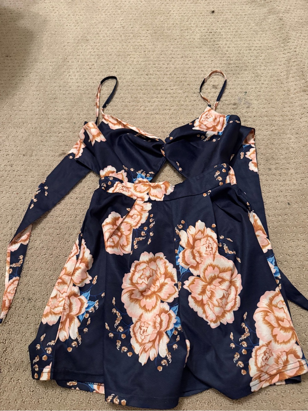 Navy Floral Cutout Romper with Peach Blooms